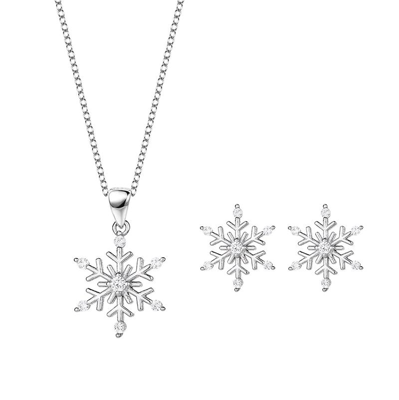 Snowflake Shape Sterling Silver Earrings Necklace Two piece Set