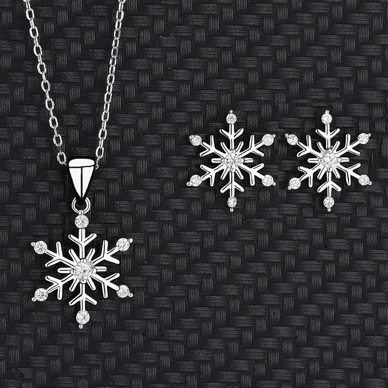 Snowflake Shape Sterling Silver Earrings Necklace Two piece Set